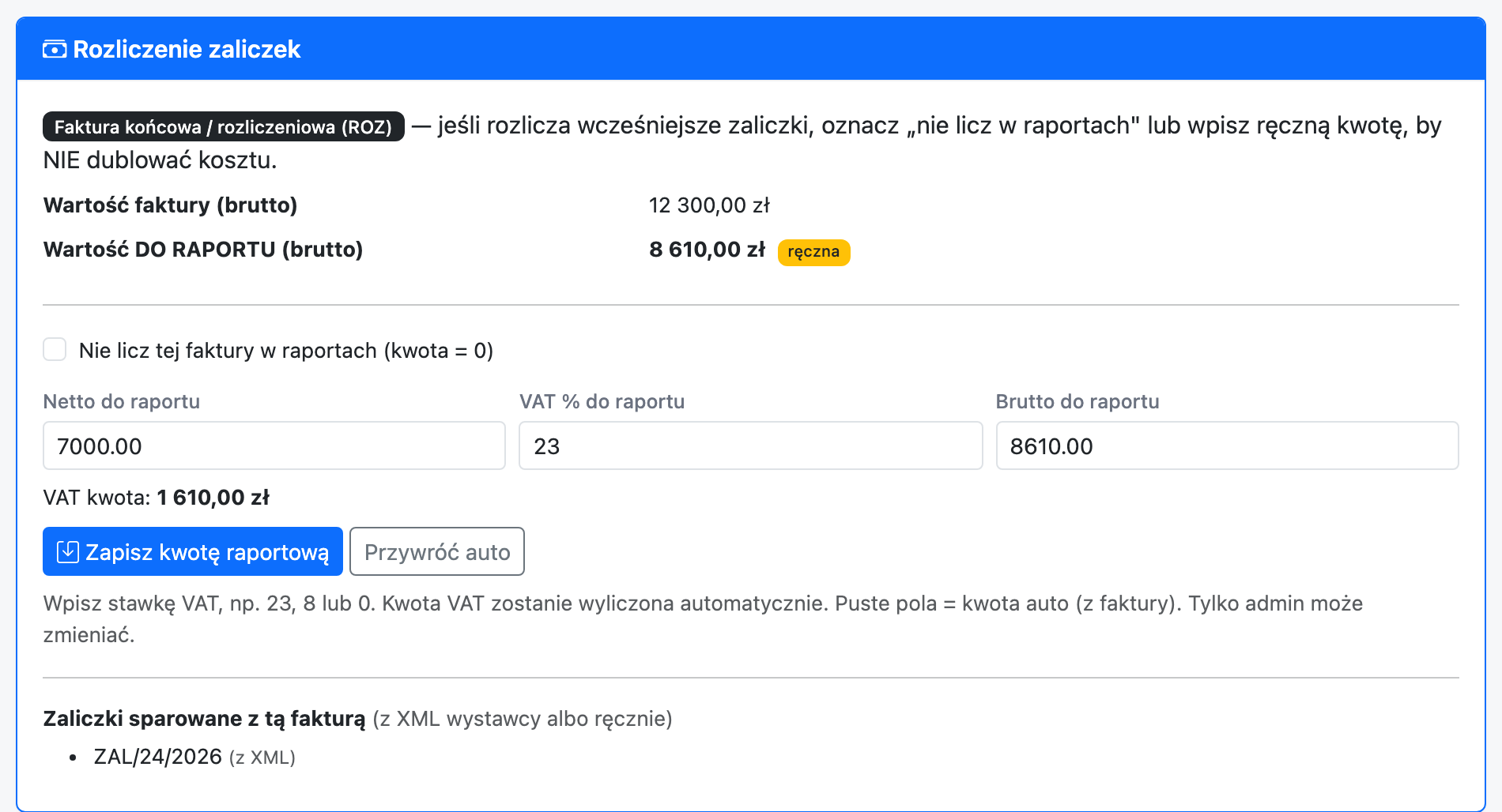 Karta rozliczenia po kliknięciu — wartość do raportu 8 610 zł ze znacznikiem „ręczna